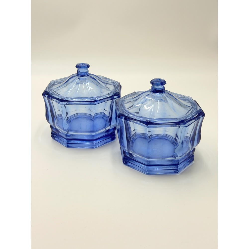 Vintage Indiana Glass Blue Glass Octagon Candy Dishes Set Lot of 2 Paneled Jars